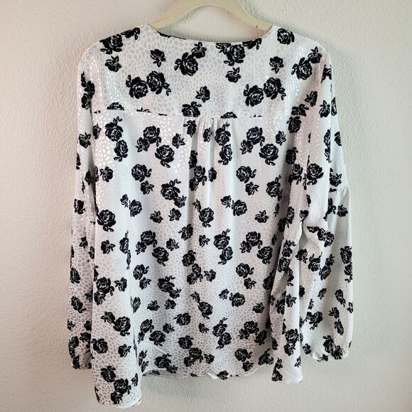 Lane Bryant Blouse Size 16 Button Up Black White Floral Balloon Sleeve Boho Top - Picture 2 of 16